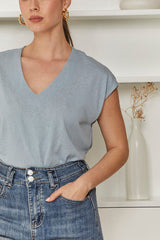 OMA Light Blue V - Neck Sleeveless Top | Effortless Summer Chic