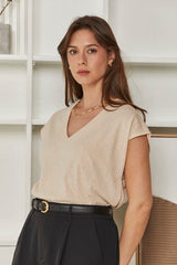 MOMA Relaxed Fit V - Neck Garment | Beige Comfort & Sophistication