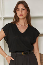 MOMA Black V - Neck Cap - Sleeve Top | Effortless Chic for Any Occasion
