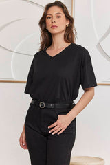 MOMA Black Oversized V - Neck Tee | Effortless Casual Chic