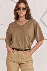 MOMA Khaki Oversized V - Neck Tee | Effortless Casual Elegance