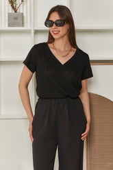 MOMA Relaxed Fit V - Neck Top | Black, Chic & Detailed