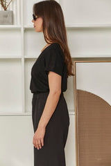 MOMA Relaxed Fit V - Neck Top | Black, Chic & Detailed