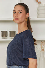 OMA Relaxed Fit Crew - Neck Top | Navy Blue, Breezy & Stylish