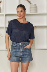 OMA Relaxed Fit Crew - Neck Top | Navy Blue, Breezy & Stylish