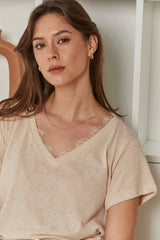 MOMA Beige V - Neck Top | A Staple for Effortless Feminine Charm