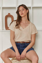 MOMA Beige V - Neck Top | A Staple for Effortless Feminine Charm