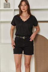 MOMA Casual V - Neck Shirt | Black & Lace for Easy - going Elegance
