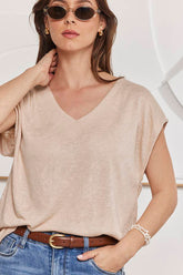 MOMA Beige V - Neck Tee | Minimalist Design, Max Versatility