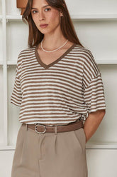 MOMA Beige Striped V - Neck Garment | Comfort Meets Subtle Style