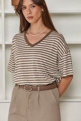 MOMA Beige Striped V - Neck Garment | Comfort Meets Subtle Style
