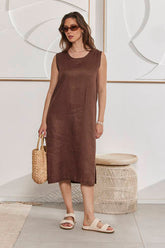 MOMA Brown Linen Sleeveless Midi Dress | Effortless Casual Elegance