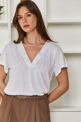 MOMA White Linen V - Neck Tee | Effortless Casual Chic
