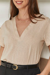 MOMA Relaxed Fit V - Neck Top | Beige, Timeless & Versatile