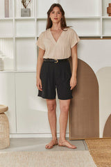 MOMA Relaxed Fit V - Neck Top | Beige, Timeless & Versatile