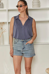 MOMA Slate Blue Sleeveless Polo Top | Minimalist Design, Max Versatility