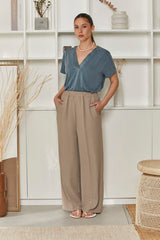 MOMA Relaxed Fit Satin V - Neck Shirt | Slate Blue, Timeless & Sophisticated