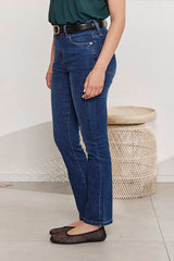 MOMA Chic Belted Blue Straight - Leg Denim Pants