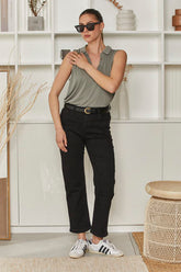 MOMA Stylish Belted Black Denim Pants