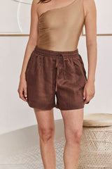 MOMA Natural - Feel Brown Linen Elastic - Waist Shorts