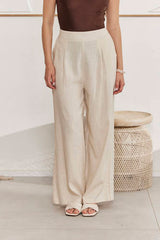 MOMA Comfortable Beige Linen Wide - Leg Pants