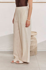 MOMA Comfortable Beige Linen Wide - Leg Pants