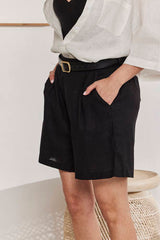 MOMA Trendy Black Linen Elastic - Waist Shorts
