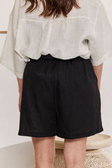 MOMA Trendy Black Linen Elastic - Waist Shorts