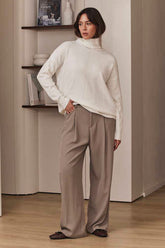 MOMA Elegant Khaki Belted Wide - Leg Trousers