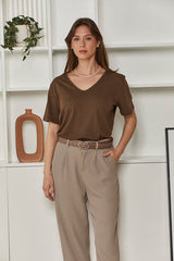 MOMA Brown V - Neck Tee | Effortless Casual Elegance for Daily Looks