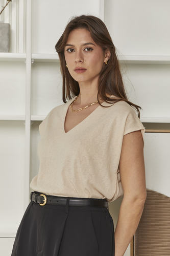 MOMA Relaxed Fit V - Neck Garment | Beige Comfort & Sophistication