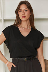 MOMA Black V - Neck Cap - Sleeve Top | Effortless Chic for Any Occasion