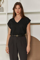 MOMA Black V - Neck Cap - Sleeve Top | Effortless Chic for Any Occasion
