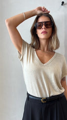 MOMA Relaxed Fit V - Neck Top | Beige, Timeless & Stylish