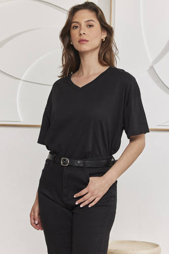 MOMA Black Oversized V - Neck Tee | Effortless Casual Chic