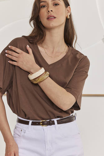 MOMA Brown Oversized V - Neck Tee | Effortless Casual Chic for Summer