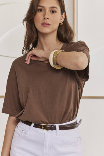 MOMA Brown Oversized V - Neck Tee | Effortless Casual Chic for Summer