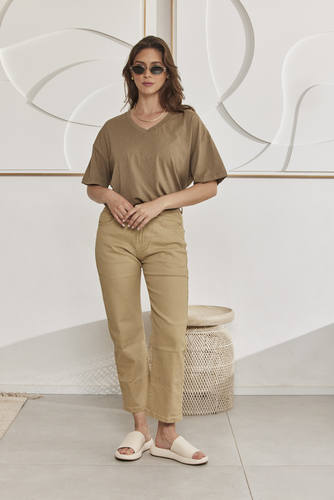 MOMA Khaki Oversized V - Neck Tee | Effortless Casual Elegance