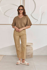 MOMA Khaki Oversized V - Neck Tee | Effortless Casual Elegance