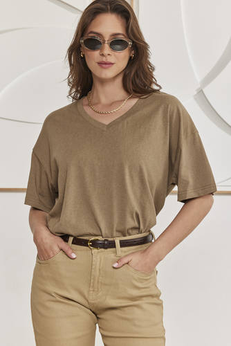 MOMA Khaki Oversized V - Neck Tee | Effortless Casual Elegance