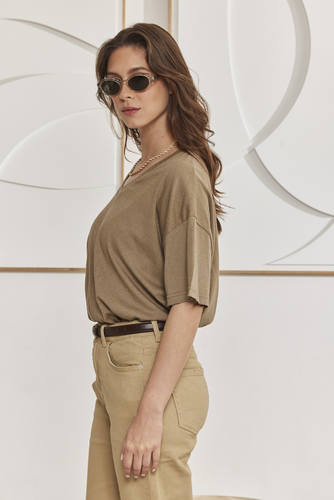 MOMA Khaki Oversized V - Neck Tee | Effortless Casual Elegance