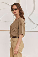 MOMA Khaki Oversized V - Neck Tee | Effortless Casual Elegance