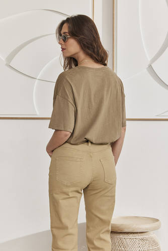 MOMA Khaki Oversized V - Neck Tee | Effortless Casual Elegance