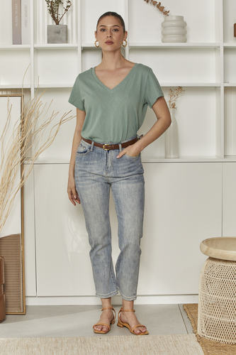 MOMA Relaxed Fit V - Neck Top | Sage Green, Fresh & Stylish