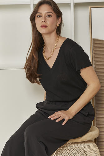 MOMA Relaxed Fit V - Neck Top | Black, Chic & Detailed