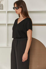 MOMA Relaxed Fit V - Neck Top | Black, Chic & Detailed
