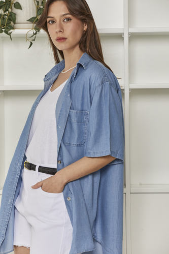 MOMA Light Denim Short - Sleeve Shirt | Effortless Casual Layered Style