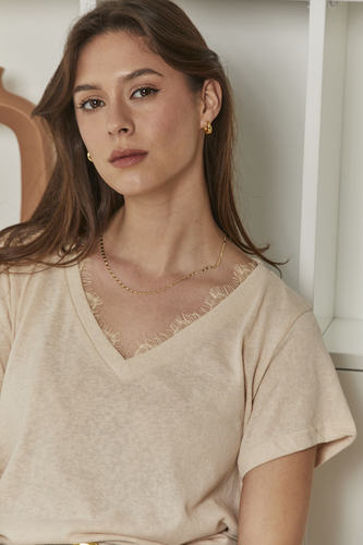 MOMA Beige V - Neck Top | A Staple for Effortless Feminine Charm
