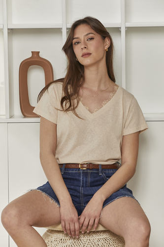 MOMA Beige V - Neck Top | A Staple for Effortless Feminine Charm