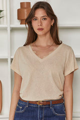 MOMA Beige V - Neck Top | A Staple for Effortless Feminine Charm